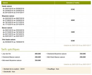 Tarifs Petit lodge 2016